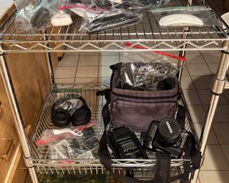Rolling serving rack, Nikon camera, Roku, fire stick 
