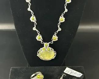 Hagit Gorali Sterling Green Gemstone Necklace, Ring size 8 and Dangle Earrings