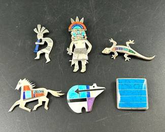 6 Sterling Silver Southwestern Themed Pins and Pendants