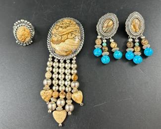 Southwestern Sterling Picture Jasper Size 6 Ring, Carolyn Pollack Oval Brooch and Earrings