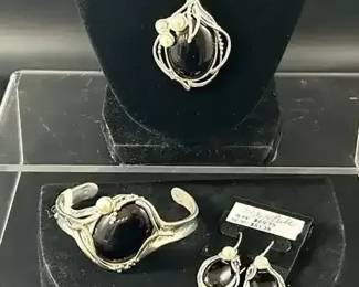 Hagit Gorali Sterling Onyx  Cultured Pearl Earrings, Cuff Bracelet  Pendant w 18 Chain