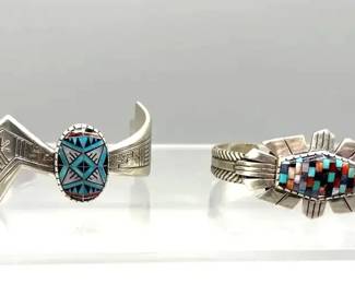 Two Carolyn Pollock Southwest Design Multi Stone Sterling Cuff Bracelets