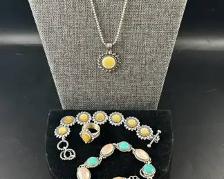 Carolyn Pollack Sterling Silver Sunflower Jewelry Set and Turquoise and MOP Bracelet