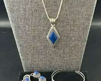 Artisan Crafted Sterling Lapis Cabochon Necklace and 2 Bracelets