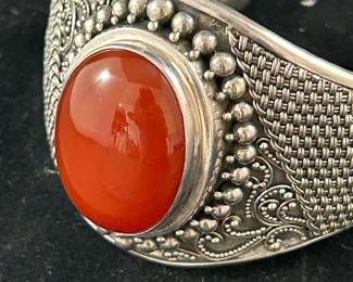 Sterling Silver Cuff Bracelet with Carnelian Stone and open back