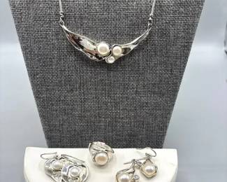 Hagit Gorali Sterling Pearl Necklace, 2 Pairs of Earrings and Ring