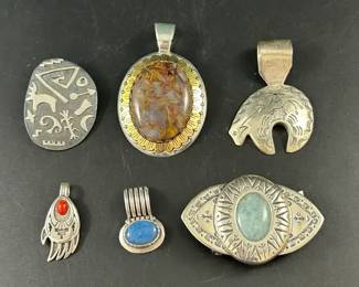 5 Sterling Silver Southwestern Themed Pendants and 1 Belt Buckle