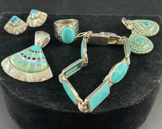 Sterling Silver  Turquoise Bracelet, Ring Size 7.5, Pendant and 2 sets of Earrings