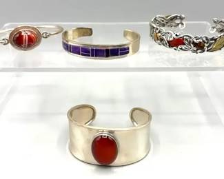 Four Sterling Bracelets Includes One With Brass Leaf