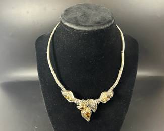 Hagit Gorali Sterling Cultured Pearl Sculpted Leaf Design Collar Necklace
