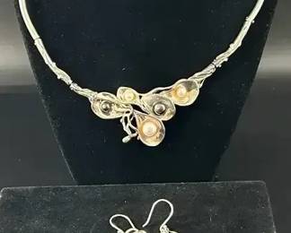 Hagit Gorali Sterling Cultured Pearl Sculpted Leaf Design Collar Necklace and Peal Dangle Earrings