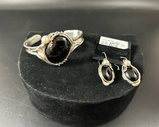 Hagit Gorali Sterling Onyx  Cultured Pearl Earrings and Cuff Bracelet