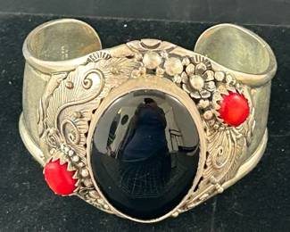  02 Artisan Crafted Sterling Onyx and Coral Bold Cuff Bracelet