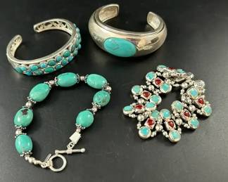 Four Sterling and Turquoise Bracelets