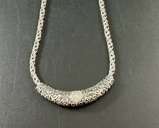 John Hardy Sterling Silver and 14K Yellow Gold Necklace w Paveset Cluster of Cubic Zirconia Gems