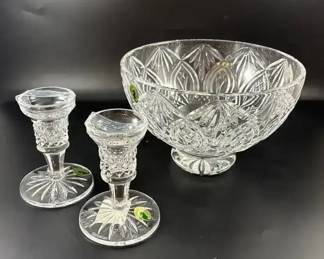 Set Of 2 Waterford Crystal Candlesticks And Footed Bowl