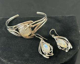 Hagit Sterling Mother of Pearl Polished Sculpted Earrings and Matching Cuff Bracelet