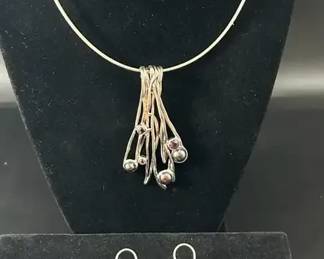 Hagit Sterling Amethyst  Cultured Pearl Pendant With Omega And Polished Leaf Dangle Earrings