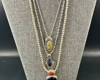3 Southwestern Style Sterling Necklaces with Polished Stones and Pair of Matching Red Coral Earrings