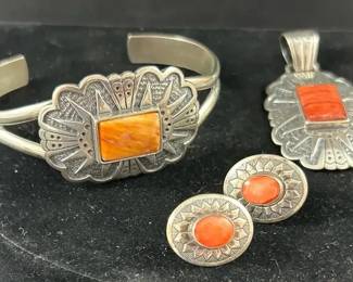 Thomas Singer Sterling Silver Southwest Cuff Bracelet, Pendant  Matching Earrings w Orange Stone