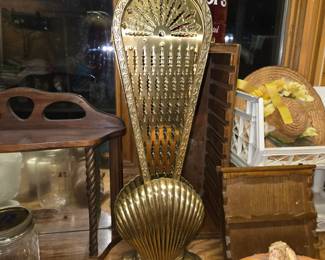 vintage brass clam shell and peacock folding fan fireplace screen
