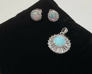 Sterling Silver Opal Earrings and Pendant Set