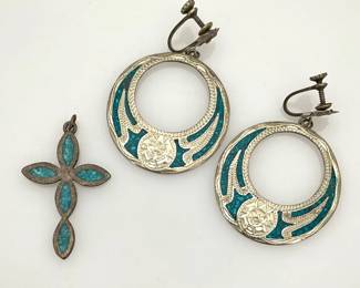Silver Turquoise Earrings and Cross Pendant