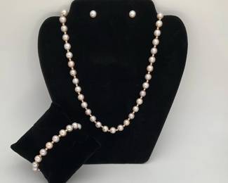 Pink Pearl Necklace, Bracelet and Earring Set