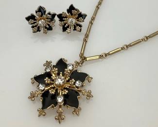 Vintage Gold Tone Black Enamel and Rhinestone Flower Necklace and Earring Set