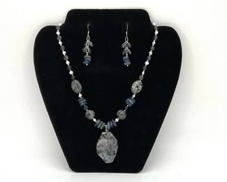 Larvikite, Kyanite and Pearl Necklace & Earrings