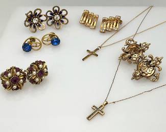 Gold and Diamond Cross Necklace with Vintage Gold Tone Rhinestone Clip Earrings