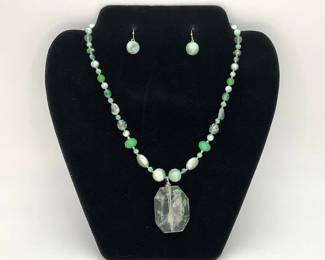 Green Moonstone, Apple Jasper and Freshwater Pearl Necklace and Earring Set