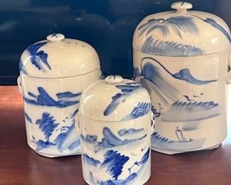 Blue And White Lidded Jars