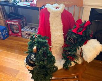 Christmas decorations and Santa suit