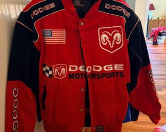 vintage JH Design Dodge Motorsports red and black racing jacket featuring embroidered Dodge and Ram logos