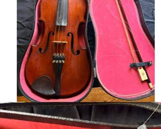 acoustic violin stored in a fitted red-lined case, accompanied by a bow and a vintage "Resonans 3" shoulder rest created by Eigard Ungh in Stockholm, Sweden