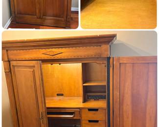 traditional wooden computer armoire featuring a convenient built-in master electrical control panel inside