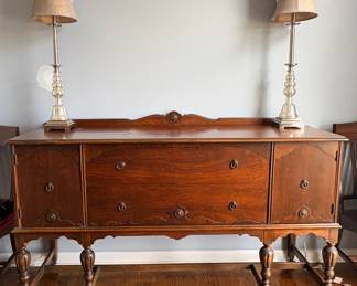 vintage Jacobean Revival or Early American-style wooden sideboard buffet, likely dating from the 1920s to 1930s