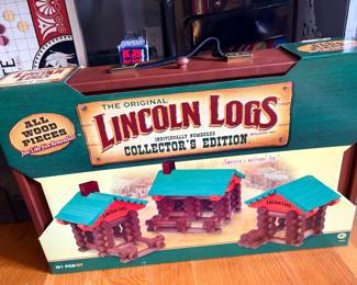 The Original Lincoln Logs Collector's Edition building set packaged in a wooden storage case. New in the box