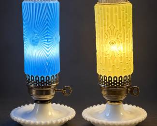 vintage Art Deco–style boudoir lamps with patterned cylindrical glass shades