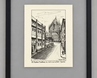 Framed black-and-white architectural print depicting Château Frontenac viewed from Rue du Fort in Québec City