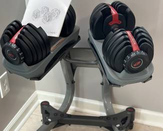 Bowflex SelectTech 552 adjustable dumbbells with weight-selection dials, storage trays, matching stand