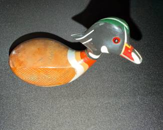 vintage folk art decorative duck figurine hand-carved from an upcycled, laminated wooden golf club head 