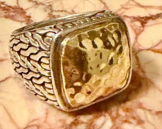 JOHN HARDY PALU HAMMERED STERLING SILVER 22K YELLOW GOLD RING SZ 10
