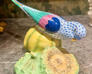 Herend Pirched Parakeet Figurine Hand Painted Fishnet Design 24k Accent