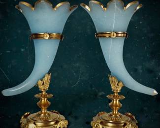 Pair Antique French Opaline Glass Cornucopia Horn Vases Dore Bronze Mounts