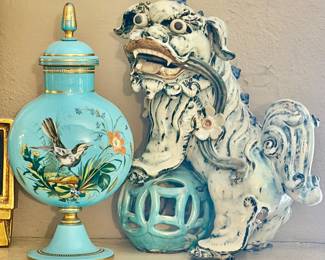 Large 19th C Foo Dogs in glazed mud terra cotta 