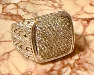 JOHN HARDY PALU HAMMERED STERLING SILVER WHITE GOLD DIAMOND RING SZ 10