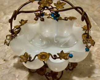 19th C French opaline gilt bronze mounted bowl with turquoise grapes