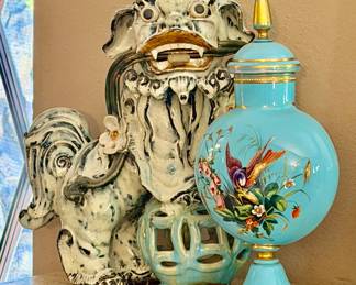 Pair French Blue Opaline Glass Lamps – Painted Birds & Gilt, Trumpet Form, Victorian Era